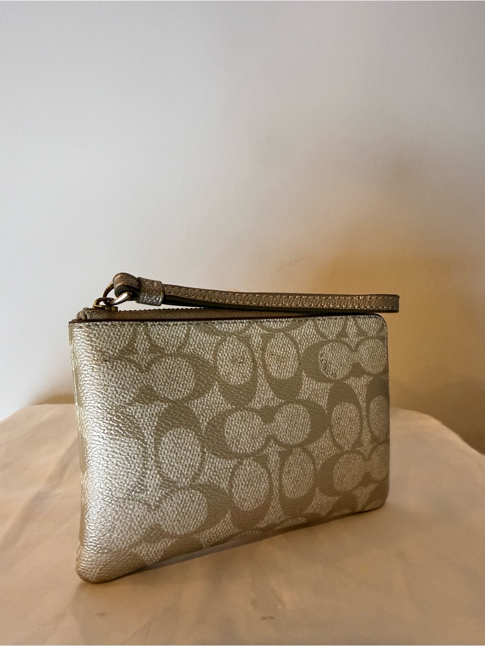 Coach Signature Canvas Corner Zip Wristlet- Gold/Silver